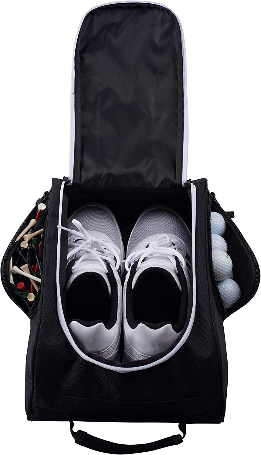 Golf Shoe Bag - Zippered Shoe Carrier Bags with Ventilation & outside Pocket for Socks, Tees, Etc. Perfect Storage (Black)