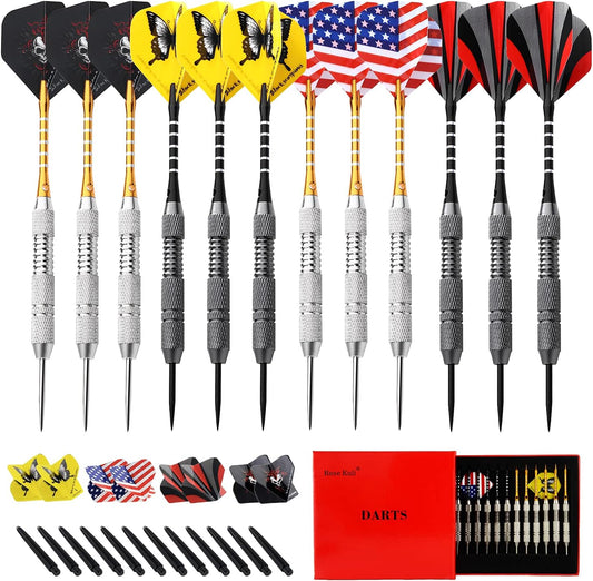 Professional 12-Pack Steel Tip Darts Set - 24g Metal Darts with 20 Stylish Flights & 12 Aluminum Shafts for Elite Gaming