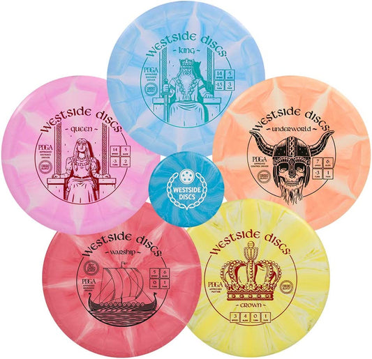 Westside Discs Origio Burst 5-Disc Golf Starter Set - Beginner Disc Golf Accessories for Men - 2X Drivers, 1X Fairway Driver, 1X Midrange & 1X Putter - Mini Marker Included - Colors Will Vary