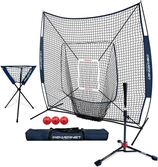 7X7 DLX Practice Net + Deluxe Tee + Ball Caddy + 3 Pack Weighted Ball + Strike Zone Bundle | Baseball Softball Coach Pack | Pitching Batting Training Equipment Set | 7' X 7' (Navy)