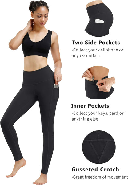 4 Pack High Waist Yoga Pants, Pocket Yoga Pants Tummy Control Workout Leggings 4 Way Stretch Leggings with Pockets