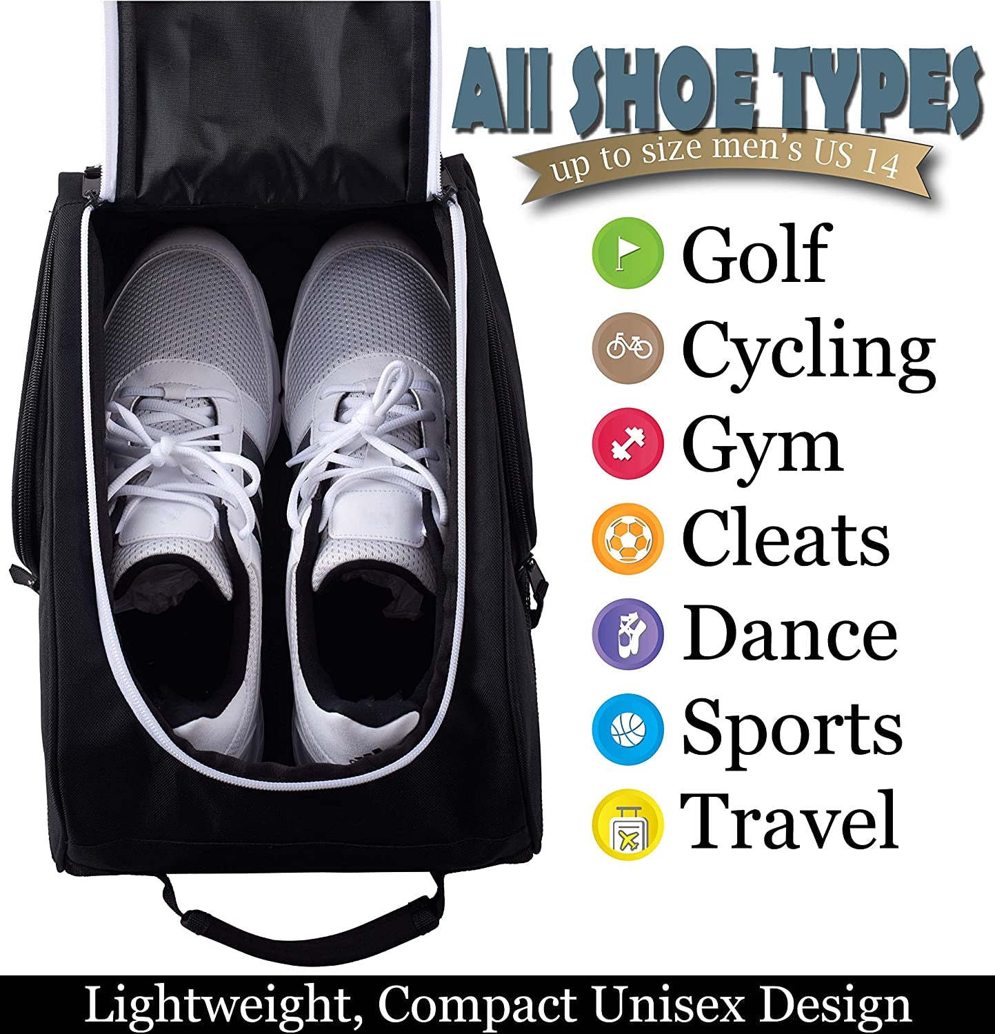 Golf Shoe Bag - Zippered Shoe Carrier Bags with Ventilation & outside Pocket for Socks, Tees, Etc. Perfect Storage (Black)